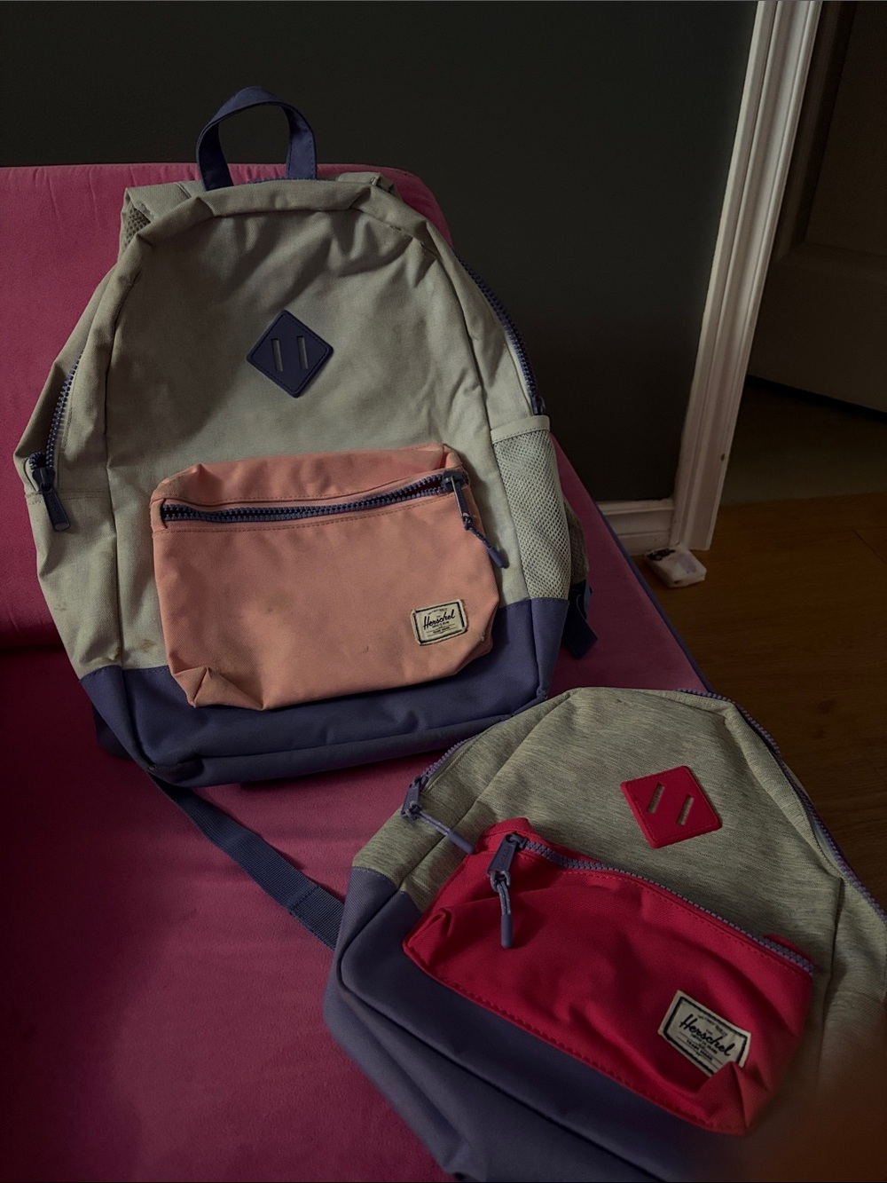 Herschel Supply Company Two-Tone Kids Backpacks in Gray, Pink and Purple